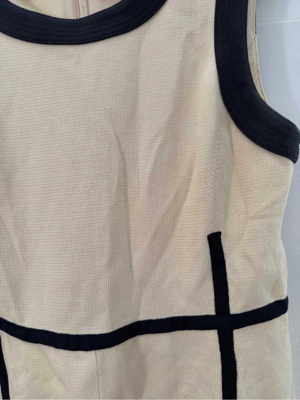 Tory Burch Beige Midi Shift Dress with Navy Trim